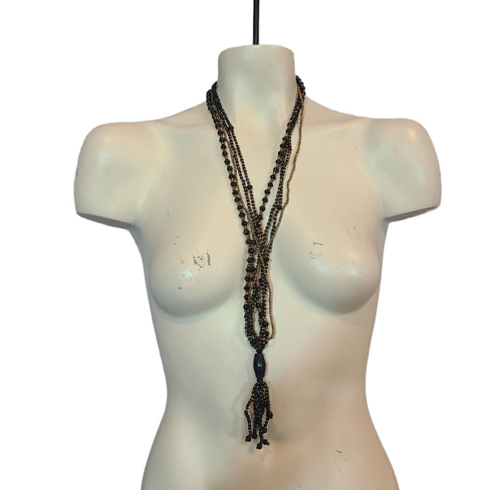 Gold & Black Beaded Tassle Necklace‎